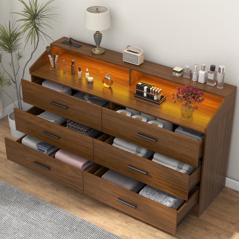 Vikky 6 Drawers Dresser with Power Outlet, Chest of Drawers with LED Light, Modern Dresser Organizer, Brown