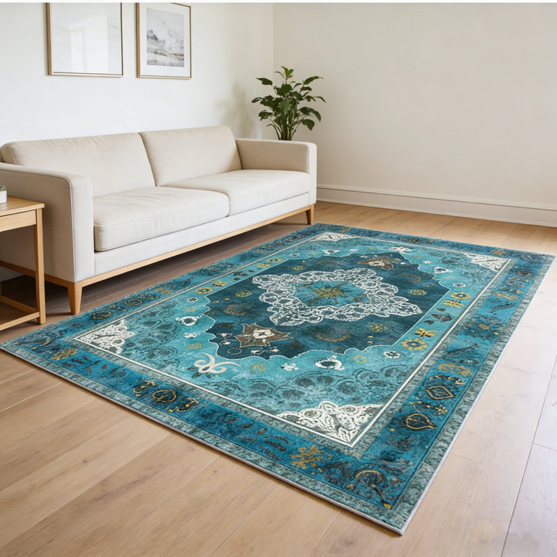 Living Room Rug 4x6 ft Green Area Rug Machine Washable Rug, Non Slip Vintage Rug Stain Resistant Indoor Large Carpet for Bedroom, Boho Rug, Distressed Retro Floor Rug for Classroom, Dorm, Dining Room