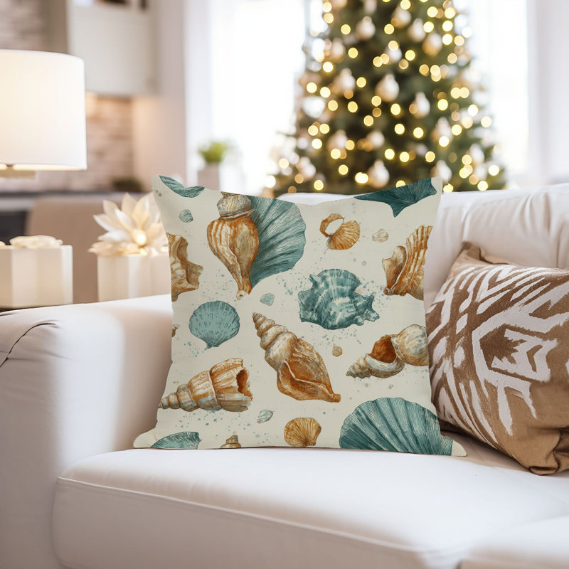 Housse de coussin pour plage et côtes, Carré 16 po, Beige / bleu nautique / plage 7