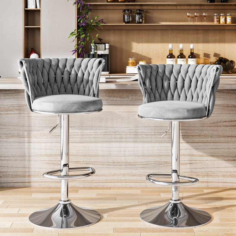 Chaise de bar grise (paquet de 2): dossier tissé, hauteur réglable, rotation à 360 degrés, repose-pieds stable, base circulaire en métal