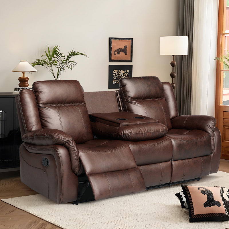 Ensemble de canapé inclinable manuel en similicuir: 3 places avec table rabattable, 2 places avec console et fauteuil inclinable brun