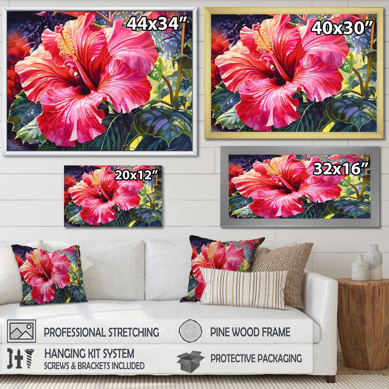 " Red Tropical Hibiscus Harmony II ", 24" H x 32" W x 1" D, White Single Picture Framed
