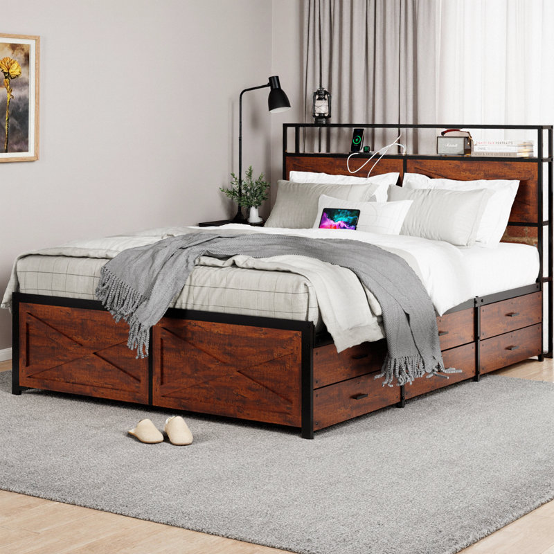 Bed Frame with Storage Headboard, 12 Drawers & RGB LED Lights, Metal Platform with Noise-Free Non-Slip Slats, Strong Support No Box Spring Needed, Built-in Charging Station