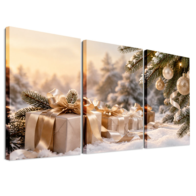 Ensemble de 3 boîtes-cadeaux dorées enneigées en hiver, L 72 po x H 36 po au total - 3 panneaux