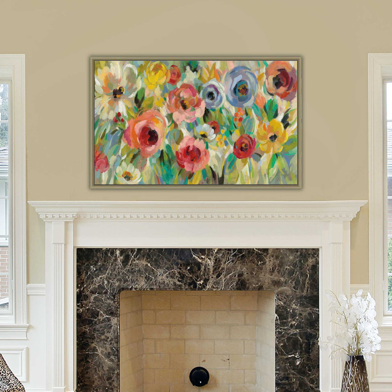 Corail vif floral I - Peinture, H 27,5 po x l 43,5 po x P 2 po, Cadre flottant champagne