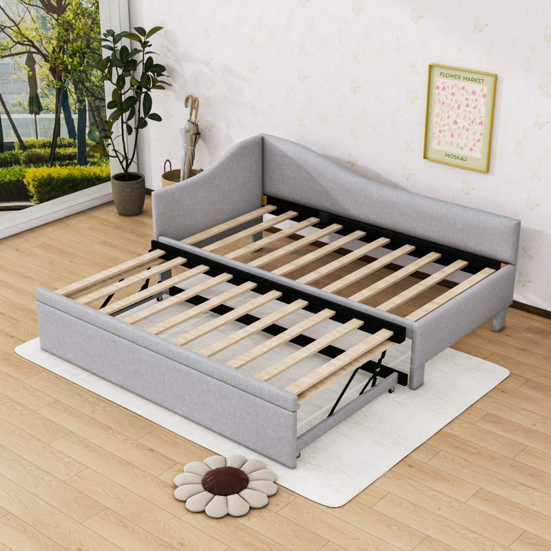 Twin L-Shaped Upholstered Daybed with Trundle, Gray
