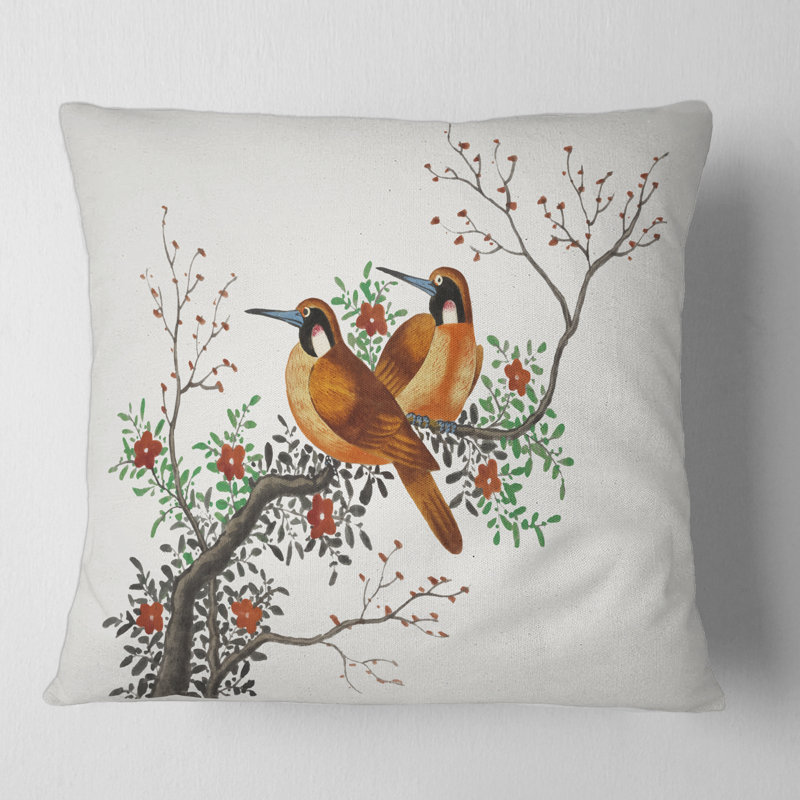 Housse de coussin et insert deux oiseaux chinois sur une branche d'arbre en fleurs, 18" x 18"