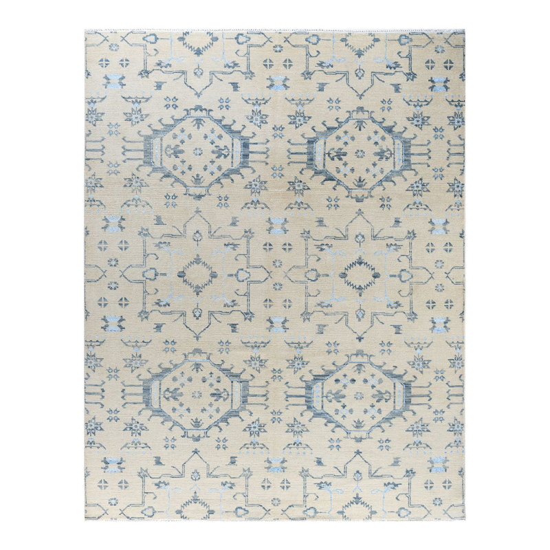 Beige and Blue Hand-Knotted Wool Silk 8' x 10' Area Rug