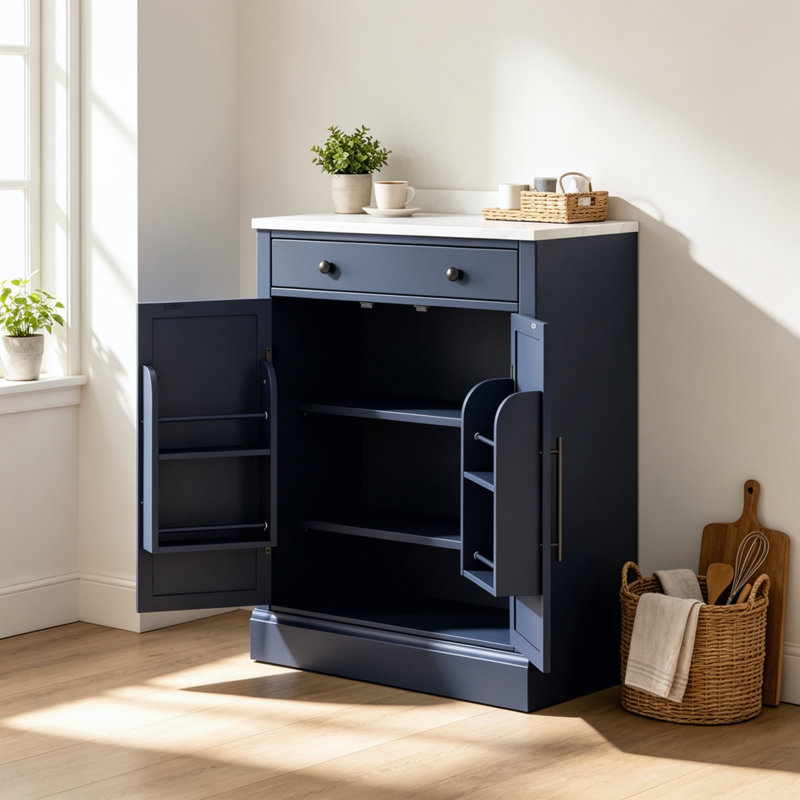 Meuble de cuisine moderne autoportant avec tiroir, 2 tablettes réglables et 2 portes, idéal pour le rangement des aliments et le coin café. Couleur : bleu.