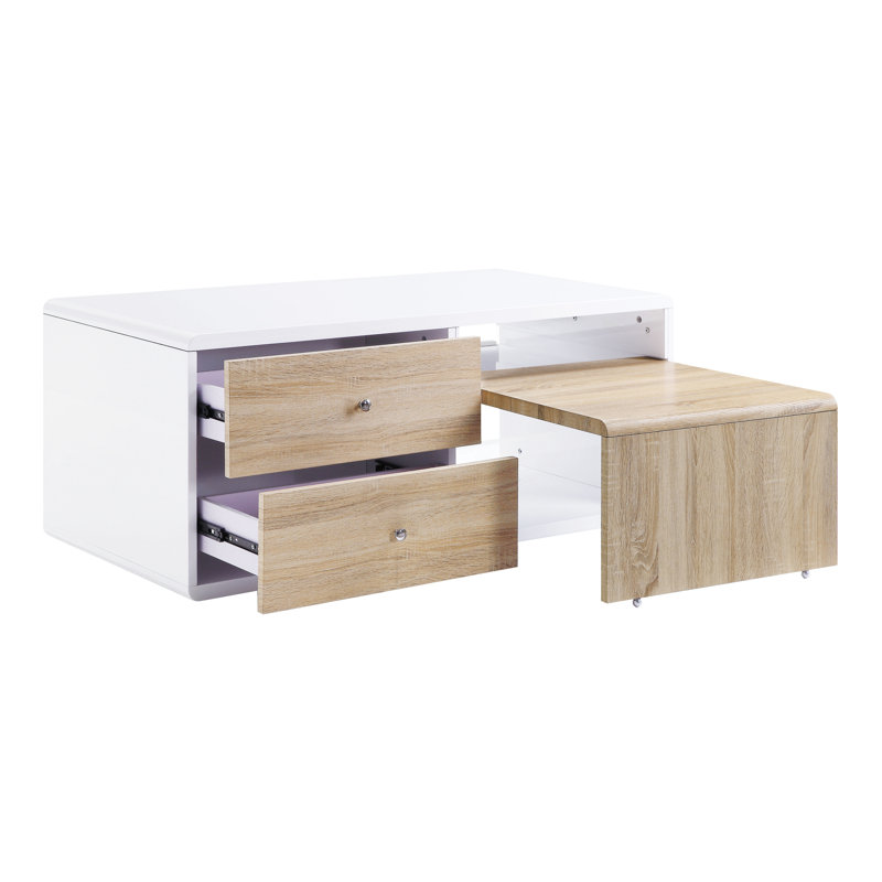 Table basse blanche ultrabrillante avec beaucoup de rangement et rangement pratique pour le salon