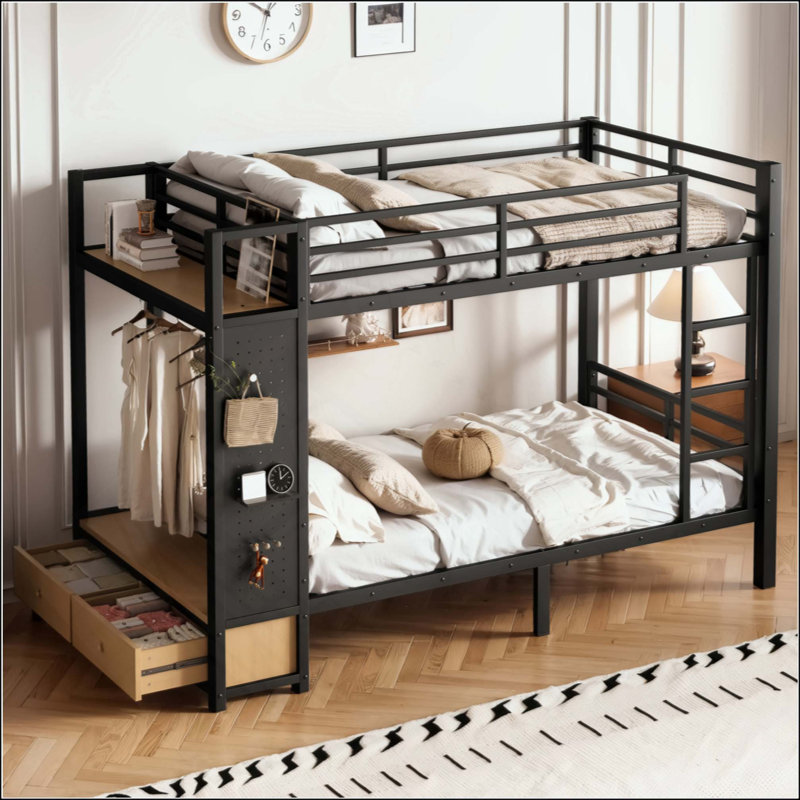 Lit superposé en métal pour adolescents avec tablettes de rangement, tiroirs et panneau perforé