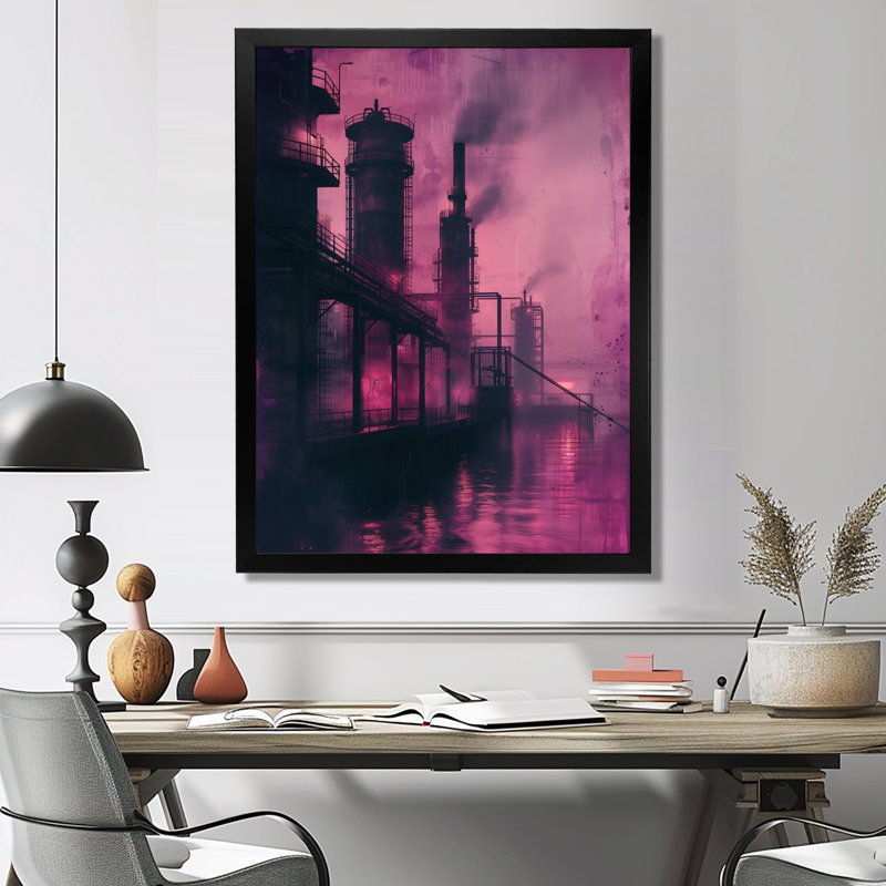 «Mauve», usine mauve Polution Reflection II - usines, Toile encadrée noire simple, H 44 po x l 34 po x P 1,5 po