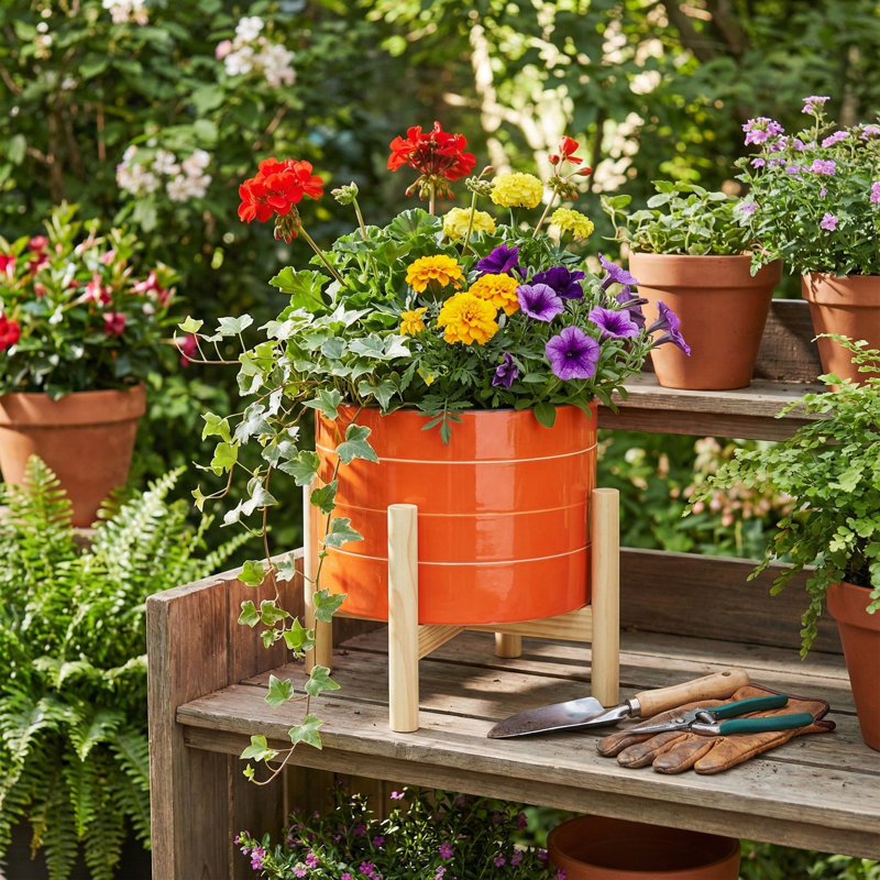Pot moderne en céramique avec support en bois - Pot décoratif d'intérieur et d'extérieur, Orange, H 9 po x l 8 po x P 8 po