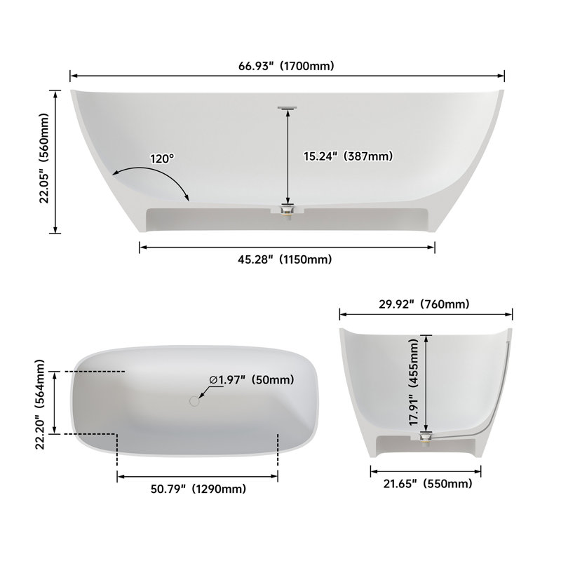 67" Premium Solid Surface Deep Soaking Bathtub