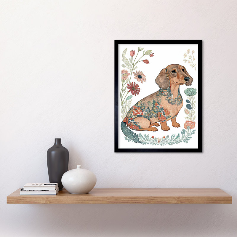 Dachshund Shorthaired Dog With Ornate Floral Patterns Colourful Colour Pencil - Single Picture Frame Print