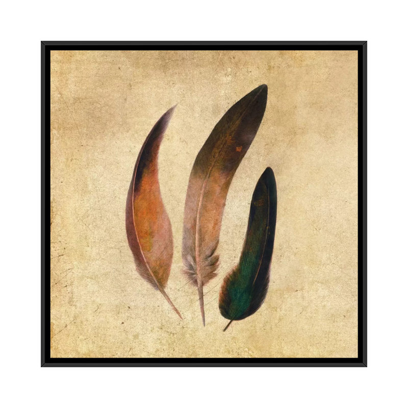Trois plumes, impression carrée sur toile tendue, H 18 po x l 18 po x P 1,5 po, Toile avec cadre noir, Pas de tapis