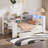 Stylish Wood Twin Size Platform Daybed With Storage Shelves, Drawers, Charging Station, LED Lighting, Desk & Upholstered Headboard, White And Beige-1734545686-1734545696