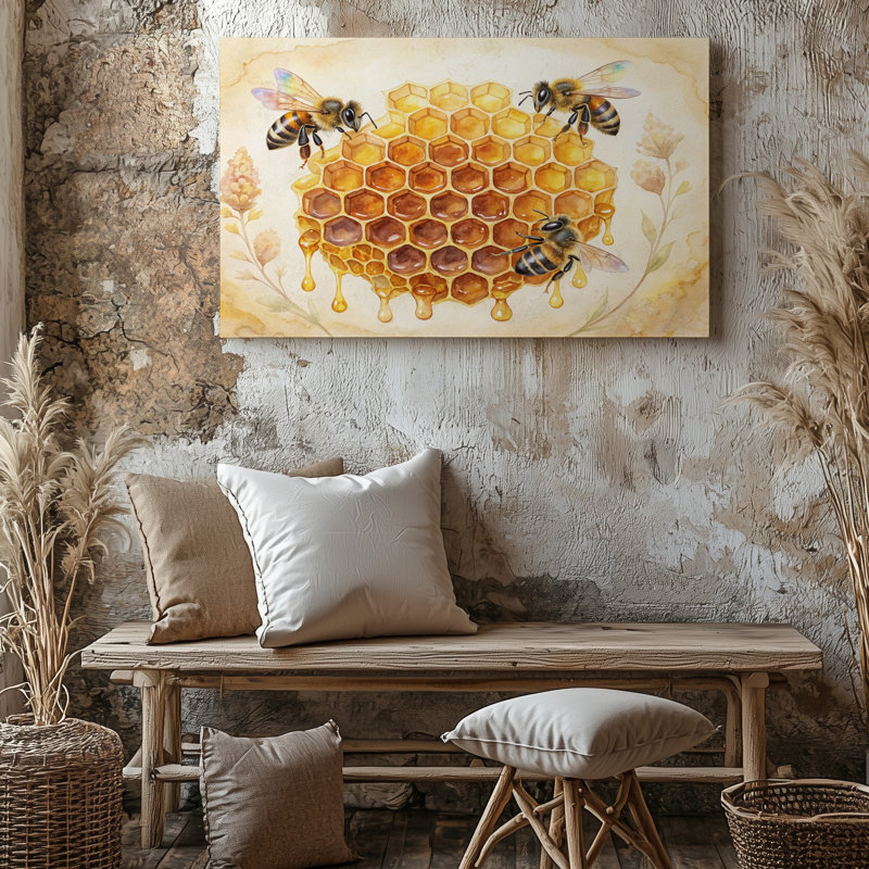 Nid d'abeille et abeilles, abeille et miel, 18 x 24 in