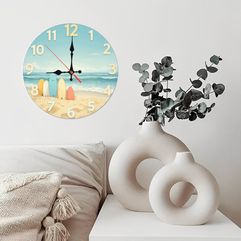 Horloge murale plage planche de surf d'été décor océan