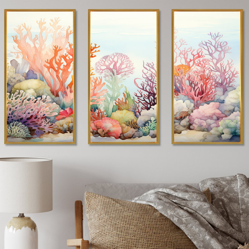 The Colorful Coral Reef Happiness - Ensemble de décorations murales corail sous l'eau, Cadre flottant doré