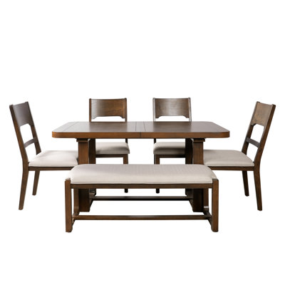 6-Piece Solid Wood Dining Table Set, Extendable Rectangular Dining Room Set with 4 Padded Chairs & Bench, 60"–84" Expandable Tabletop
