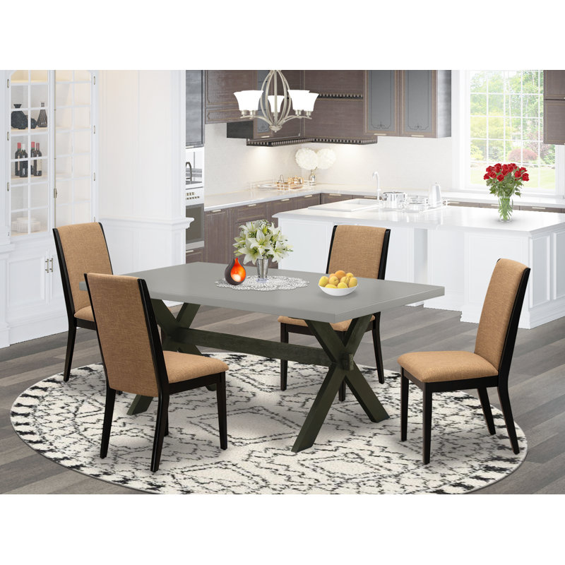 Ensemble de table de salle à manger 5 pièces comprenant une table de salle à manger rectangulaire avec pieds en X et 4 chaises rembourrées en tissu de lin sable, noir brossé
