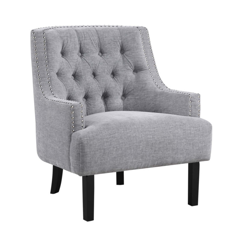 Chaise d'appoint moderne et moderne avec revêtement en chenille, conception capitonnée et structure en bois massif pour un décor de salon élégant.