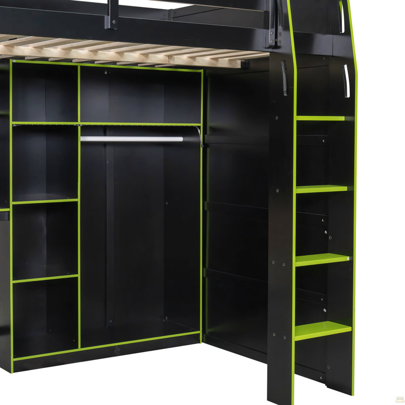 Full Size Wood Loft Bed With Desk,Open Wardrobe,Storage Compartments And RGB Lights