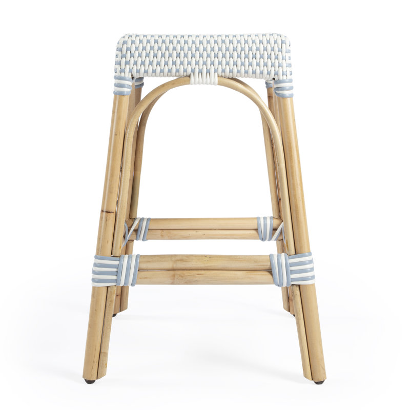Tabouret de comptoir / de bar Lennart, Blanc / bleu ciel / cadre en rotin naturel