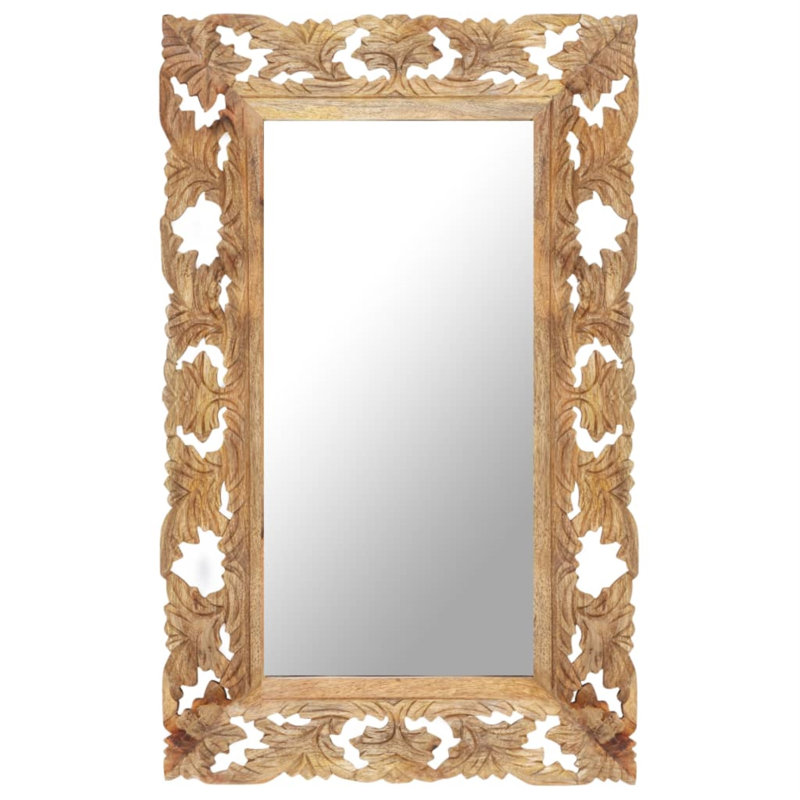 Decorative Mirror Wall Bathroom Mirror Solid Mango Wood Hand Carved, Brown, 31.5" x 19.7" x 1"