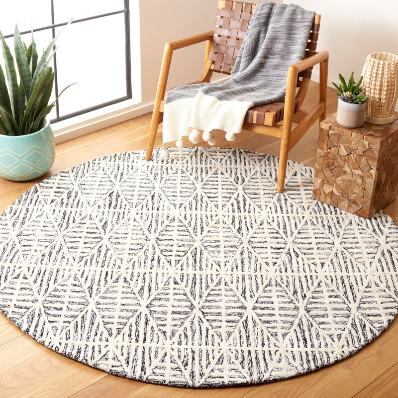 Tapis noir / ivoire en coton et viscose en laine et coton touffeté à la main Jimya, Rond 6 pi
