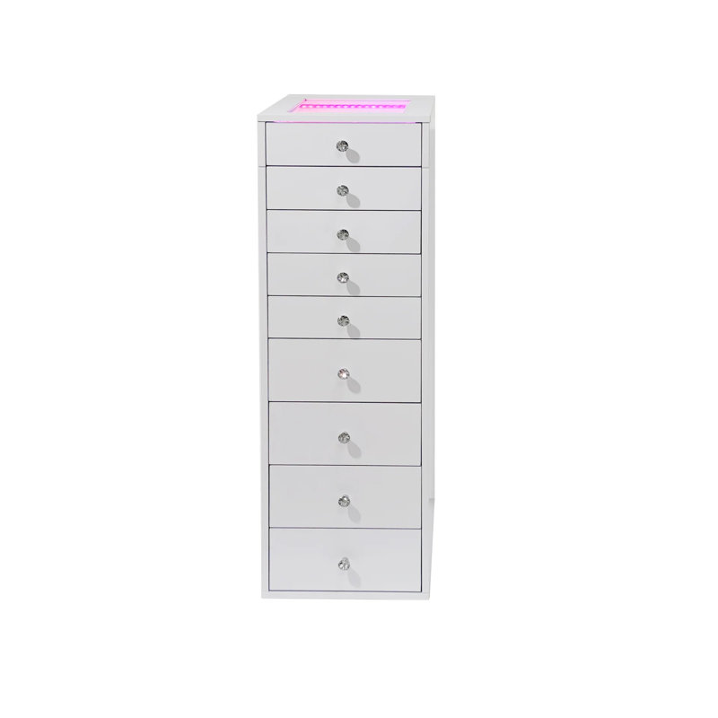 Rangement de présentation à 9 tiroirs avec plateau lumineux RVB Slaystation, petite commode robuste en bois d'ingénierie avec boutons en faux cristal luxueux, 3 compartiments préréglés et 9 tiroirs