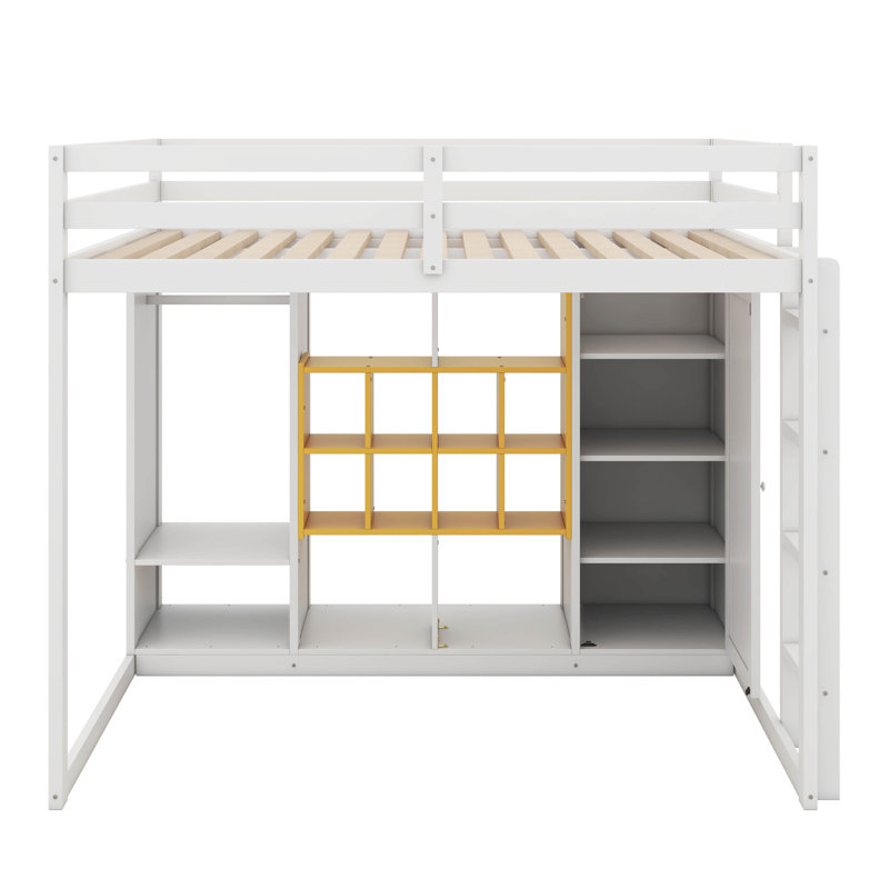 Lit mezzanine en bois pleine grandeur avec garde-robe, tablettes et armoire, échelle réversible, étagères multicouches et garde-corps doubles