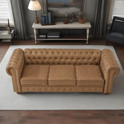 88.5" Chesterfield Sofa,faux Leather Couch Upholstered Sofa With Low Back,rolled Arm Nailhead Trim Classic 3 Seater Sofa