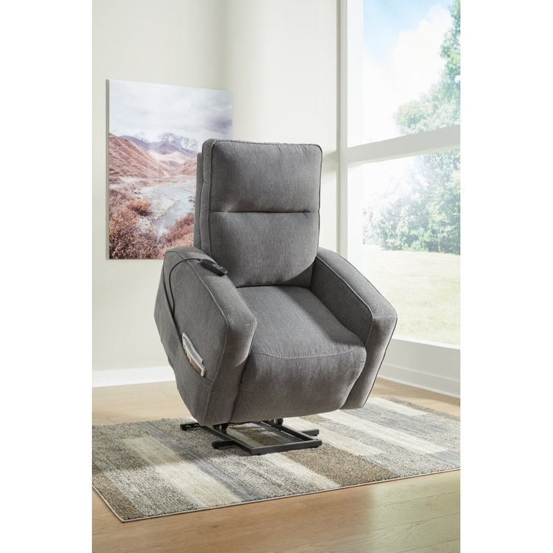 Loes Upholstered Lift Assist Power Recliner, Gray Polyester