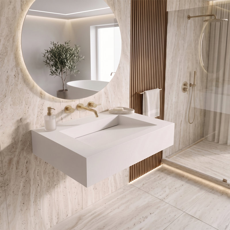 Lavabo de salle de bain rectangulaire à fixation murale en Pyramid 30 po à finition unie pour robinets à fixation murale - Blanc