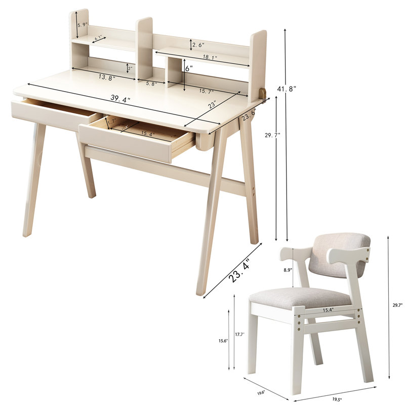  39.4" W Kids Writing Desk Learning Desk Set with Chair, White