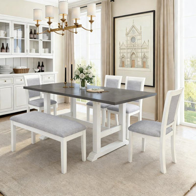 6-Piece Extendable Trestle Dining Table Set With Removable Leaf, Kitchen Table Set With Upholstered Side Chair And  Bench