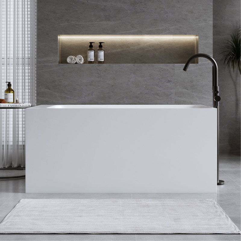51'' Solid Surface Matte Tub, Freestanding Solid Surface Resin Stone Bathtub, Solid Surface Matte White Soaking Tub,Free Standing Tub With Overflow And Pop-Up Drain, Matte White