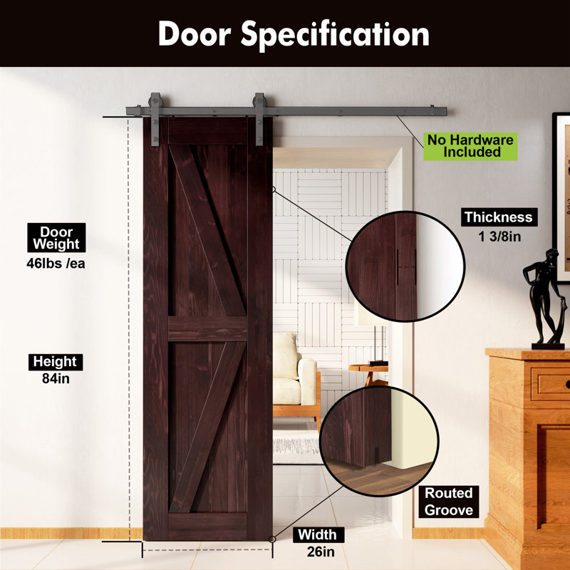 Homacer 84'' Red Mahogany Solid Wood Barn Door