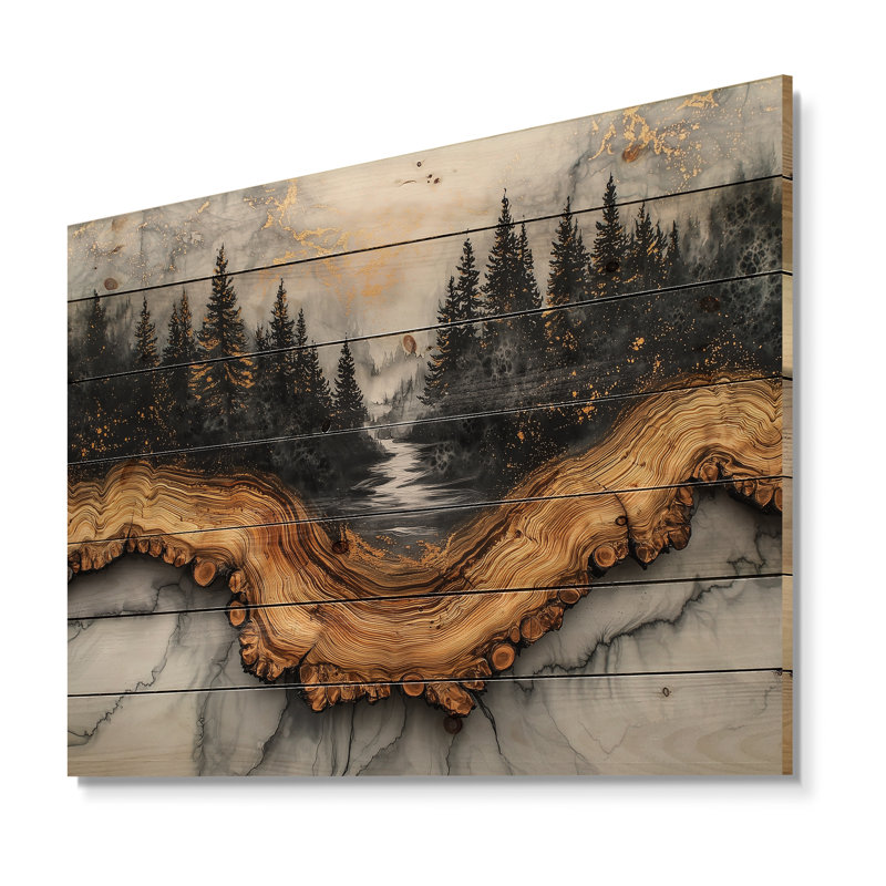 Paysage de forêt hivernale avec rivière Crystal II - décoration murale en bois forêt - sur bois de pin naturel