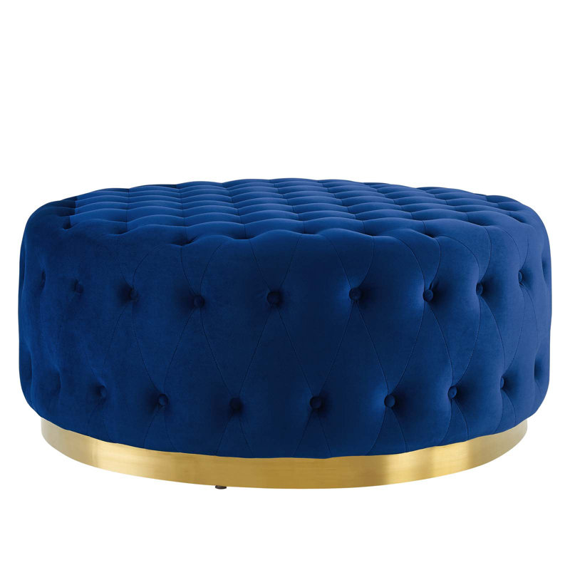 Ensconce Tufted Performance Velvet Round Ottoman, Navy