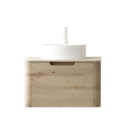 XAI 24" Bathroom Vanity with Sink, Wall-Mounted Plywood Storage Cabinet with Drawer, White Round Ceramic Basin and Roma Travertine-Pattern Sintered Stone Top, Pre-assembled, White Oak Woodgrain Color