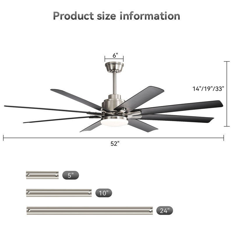 52-Inch Smart Ceiling Fan With Lights 6 Wind Speed With 8 ABS Blades Fan For Bedroom, Living Room, Patio, Kitchen, Black