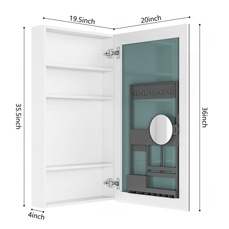 20'' W X 36'' H Surface Frameless Mirror Medicine Cabinet, Beveled Mirror Edges Bathroom Medicine Cabinet, Right Opening Door