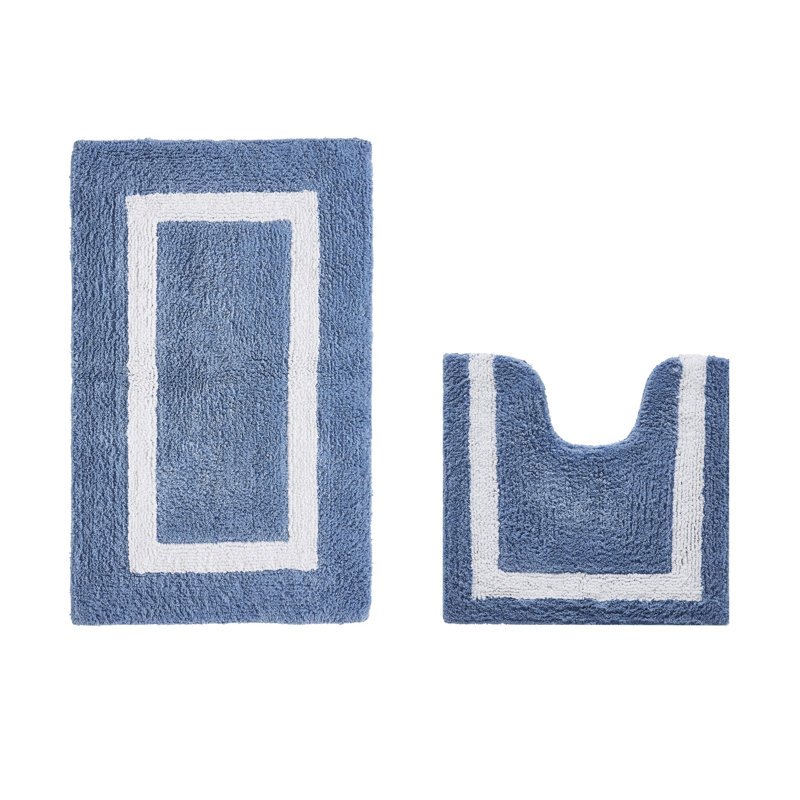 Ensemble de tapis pour salle de bain 2 pièces 100% coton 2370 g / m² Broshouse, tapis de salle de bain touffeté ultra moelleux, super absorbant certifié OEKO-TEX®, réversible, lavable à la machine, confort semblable au spa, bleu foncé / blanc