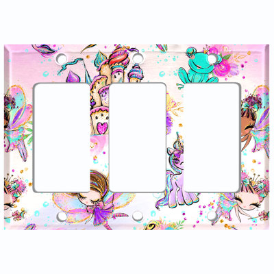 Metal Light Switch Plate Outlet Cover (Fairy Princess Castle Unicorn Fantasy Cartoon  - Triple Rocker)