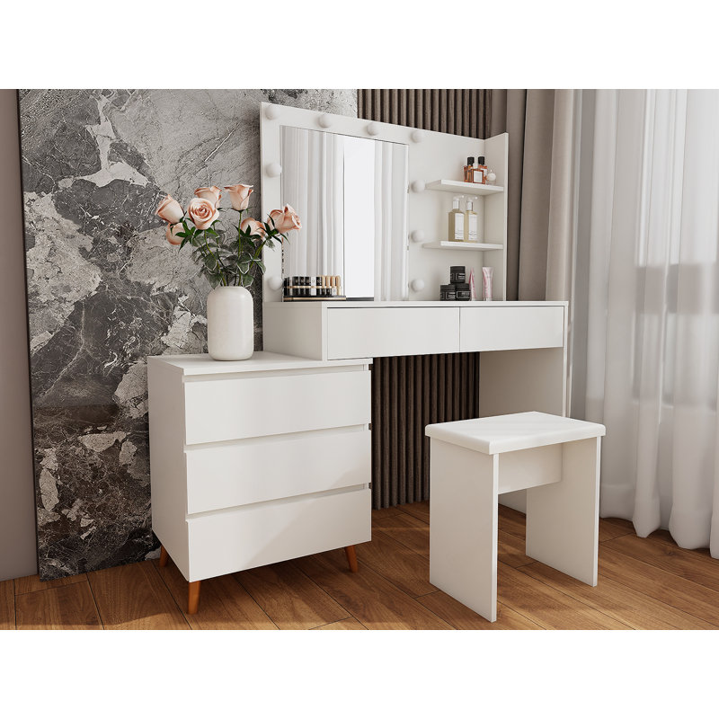 LED Lighted Makeup Vanity Table With Mirror - White Beauty Station With Storage Drawers, Matching Stool, And Organizing Compartments For Makeup Brushes And Cosmetics