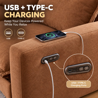 109.45'' Oversized Modular Power Reclining Sofa, 3-Seater Couch with Dual Power Recliners, USB & Type-C Charging Ports, Pet-Friendly Stain Resistant Upholstery, Down Filled Cushions