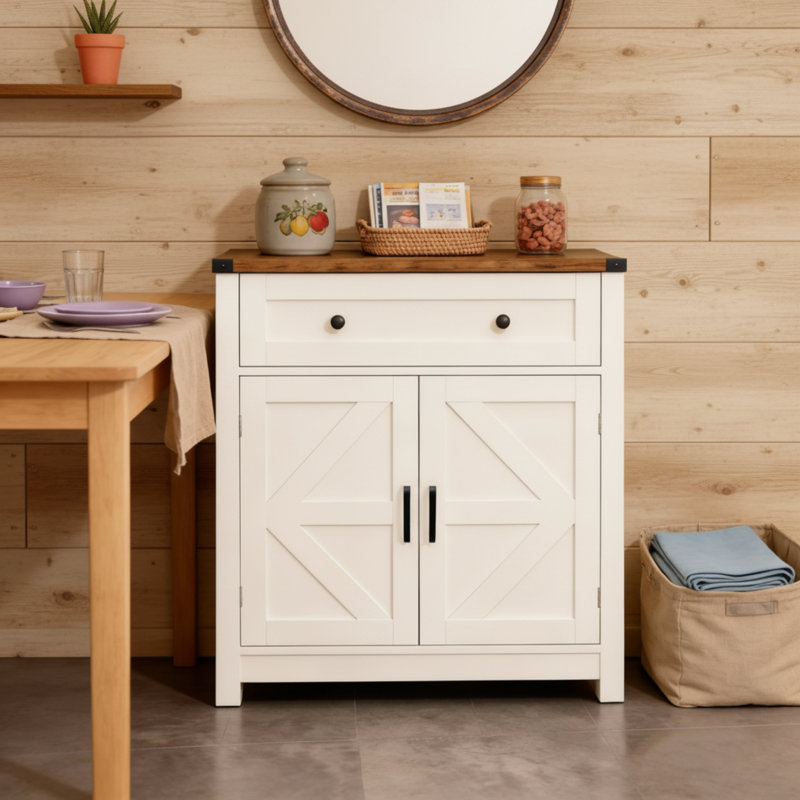 White Wood-Grain Countertop Farmhouse-Style Sideboard With Barn Doors And Drawers; Suitable For Both Kitchen And Living Room Use.